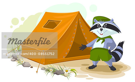 Summer holiday camp. Scout raccoon standing near tent. Raccoon tourist tent set. Camping. Cartoon illustration in vector format
