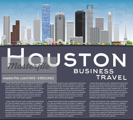 Houston Skyline with Gray Buildings and Blue Sky. Vector Illustration. Business Travel and Tourism Concept with Copy Space. Image for Presentation Banner Placard and Web Site.