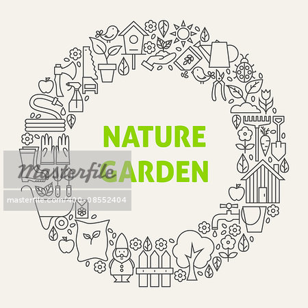 Nature Garden Line Art Icons Set Circle. Vector Illustration of Gardening Tools Objects. Spring Flowers Items.