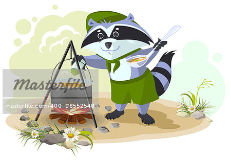 Scout raccoon cooking soup over campfire. Summer holidays camping. Cartoon illustration in vector format