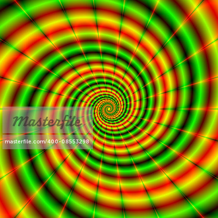 An abstract fractal image with a spiral design in green and orange, yellow and red by Objowl.
