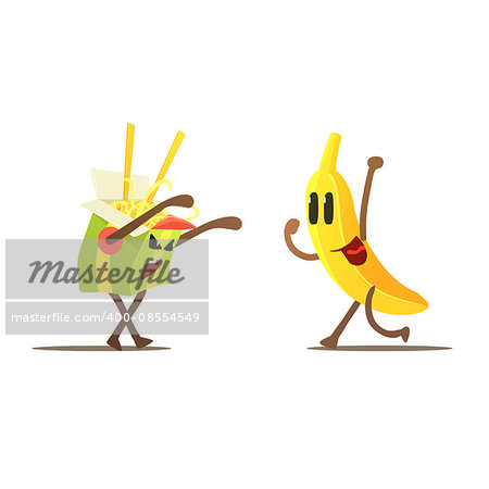 Noodles Against Banana Cartoon Fight Flat Vector Funny Illustration In Childish Style On White Background