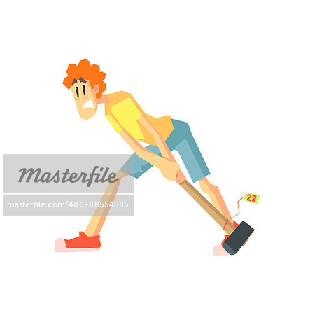 Woman Dragging A Hammer Flat Isolated Vector Illustration in Cartoon Geometric Style On White Background