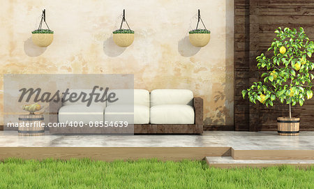 Relax in a rustic garden with wooden sofa with white cushion - 3d rendering