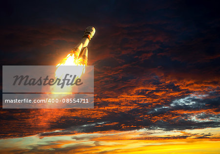 Carrier Rocket Takes Off On A Background Of Red Clouds. 3D Scene.