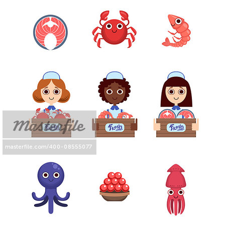 Fish Market With Female Vendors Flat Simlified Design Vector Set Of Isolated Icons On White Background