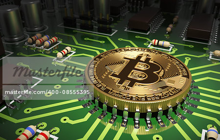 Concept Of Bitcoin Like A Computer Chip On Motherboard. 3D Scene.