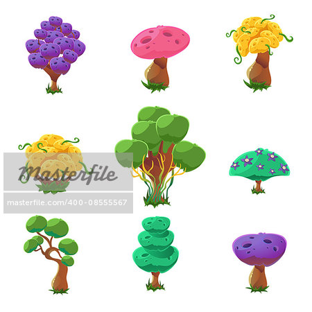 Fantastic Trees Collection Of Cute Girly Style Cartoon Vector Flat Drawings Isolated On White Background