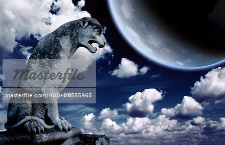 Ancient lion statue and bright moon in the night sky. Elements of this image furnished by NASA