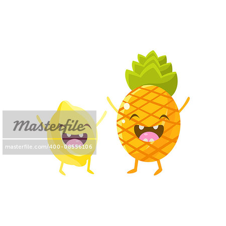 Lemon And Pineapple Cartoon Friends Colorful Funny Flat Vector Isolated Illustration On White Background