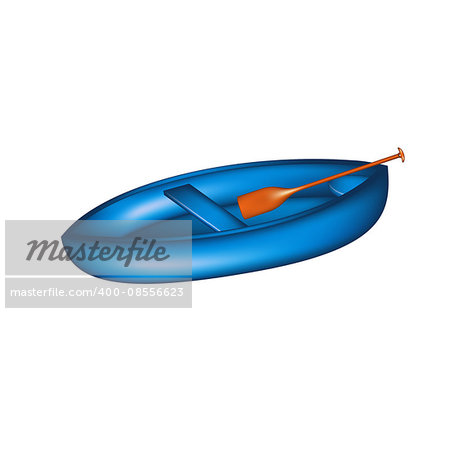 Wooden canoe in blue design with paddle on white background