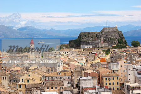 Aerial view of a mediterranean town with a fortress and a steeple on the background, Kerkyra, Greece. Unesco World Heritage Site