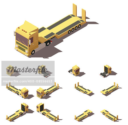 Vector Isometric icon or infographic element representing truck or tractor with lowboy trailer or semi-trailer. Every truck and trailer in four views with different shadows