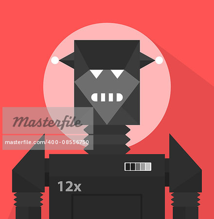 Black Evil Robot Character Portrait Icon In Weird Graphic Flat Vector Style On Bright Color Background