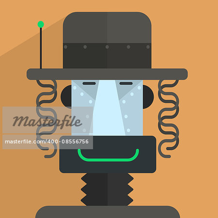 Jewish Robot Character Portrait Icon In Weird Graphic Flat Vector Style On Bright Color Background