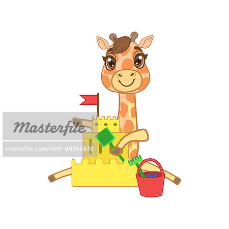 Giraffe Building A Sand Castle Outlined Flat Vector Illustration In Cute Girly Cartoon Style Isolated On White Background