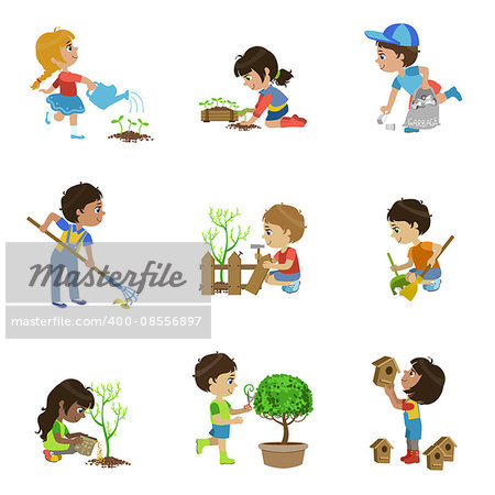 Kids Gardening Collection Of Flat Outlined Cartoon Vector Design Drawings Isolated On White Background