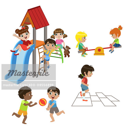 Kids Playing Outdoors Set Of Colorful Simple Design Vector Drawings Isolated On White Background