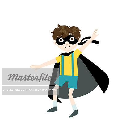 Kid In Superhero Costume With Black Cape Funny And Adorable Flat Isolated Vector Design Illustration On White Background