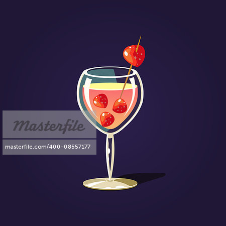 Strawberry  Cocktail Outlined Flat Vector Sticker In Cartoon Design Isolated On Dark Background