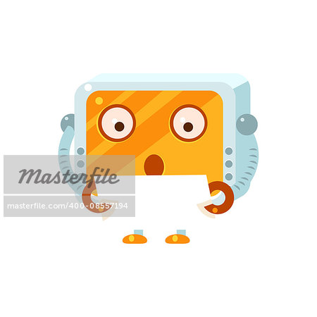 Reading Paper Little Robot Character Simple Flat Vector Icon In Childish Cute Style Isolated On White Background