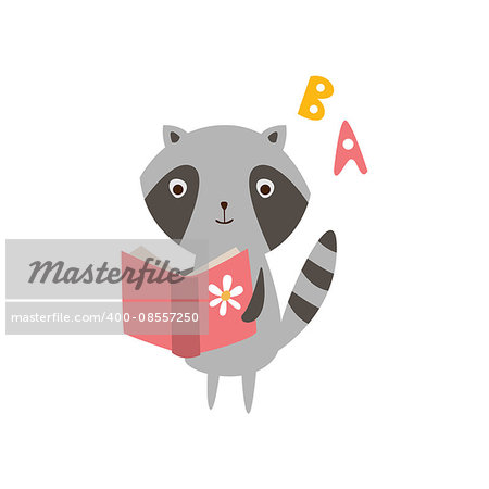 Raccoon Reading A Book Creative Funny And Cute Flat Design Vector Illustration In Simplified Mulicolor Style On White Background