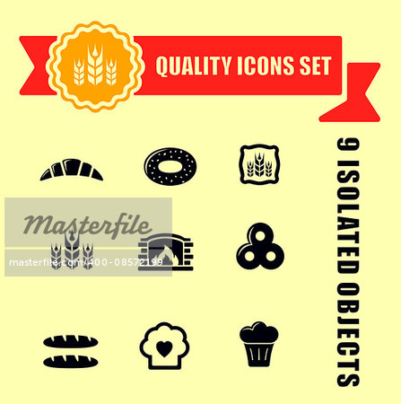 set of bakery products quality icons with red tape