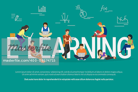 E-learning concept illustration of young various people using laptop, tablet pc and smartphone for distance studying and education. Flat design of guys and young women staying near big letters e-learning