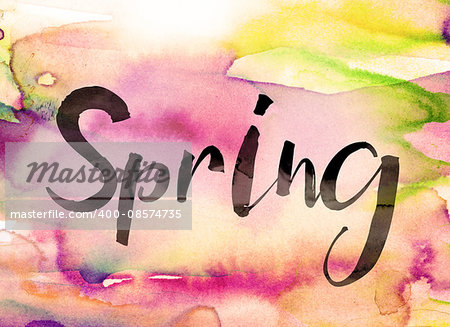 The word "Spring" written in black paint on a colorful watercolor washed background.