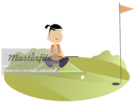 Pretty young woman meditates on the golf course.