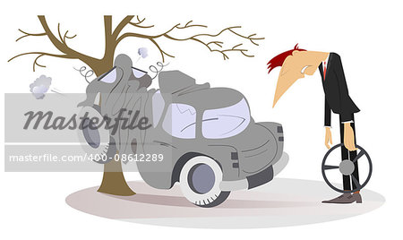 Upset man holding a steering wheel stands near the car which crashed into the tree