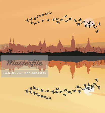 Landscape with the silhouette of the historic town and migrating geese