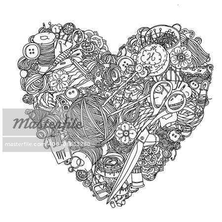 Needlework items black and white  ornament in heart shape as a symbol of love for needlework . Could be use  for adult coloring book  in zenart style.