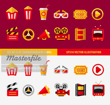 Set of flat cinema icons for online movie theater vector illustration, eps10