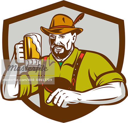 Illustration of a German Bavarian beer drinker raising beer mug for Oktoberfest toast wearing lederhosen and German hat set inside shield creest done in retro style.