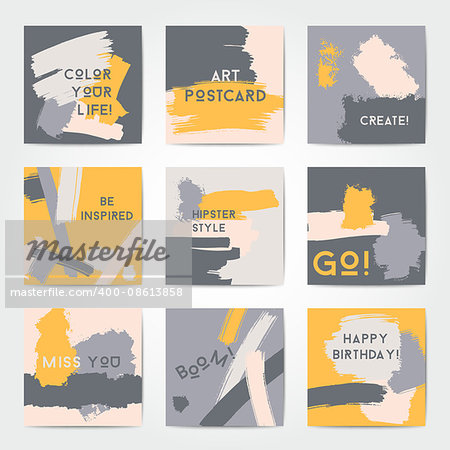 Modern grunge brush postcard template, art vector cards design in grey and yellow