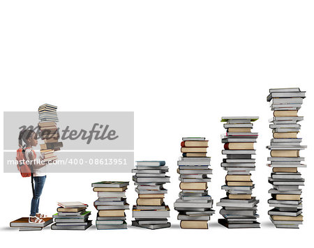 Child with backpack climbs a books scale