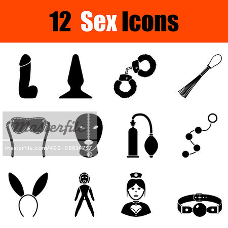 Set of twelve sex bllack icons. Vector illustration.