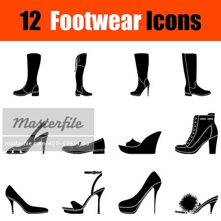 Set of twelve woman's footwear black icons. Vector illustration.