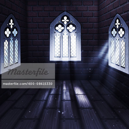 Illustration of brick wall interior with wood floor and gothic window.