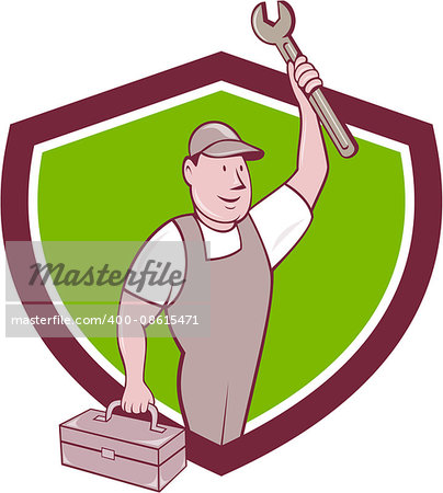 Illustration of a mechanic wearing hat and overalls lifting raising up spanner wrench holding toolbox looking to the side viewed from front set inside shield crest on isolated background done in cartoon style.