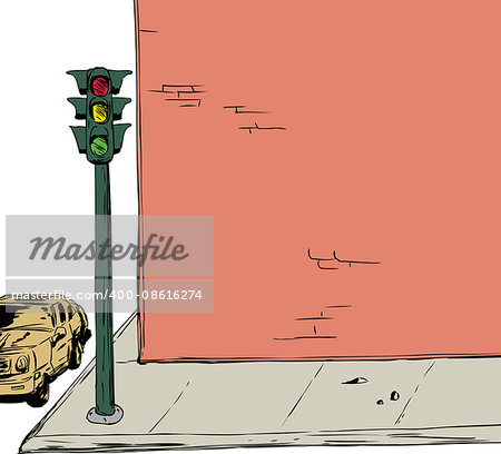Background illustration of blank cartoon brick wall and sidewalk with stoplight and car