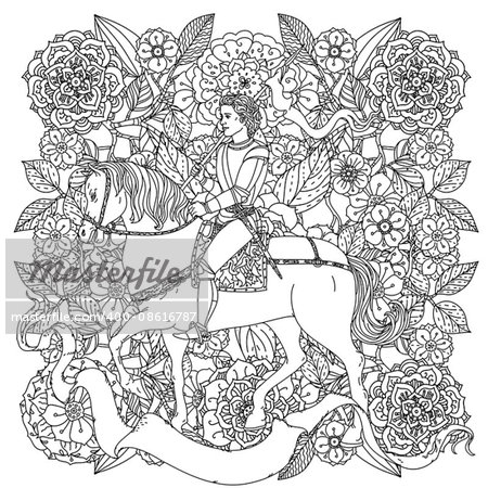 uncolored prince, flowers and ribbon for text. Adult coloring book famous zenart style. Hand-drawn, retro, doodle, vector, uncoloured. The best for design, textiles, cards, coloring book