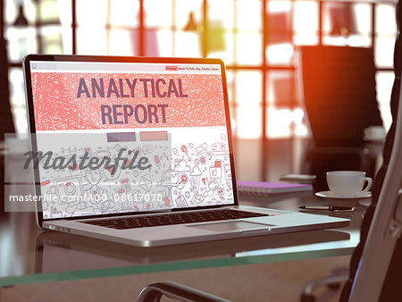 Analytical Report Concept. Closeup Landing Page on Laptop Screen in Doodle Design Style. On Background of Comfortable Working Place in Modern Office. Blurred, Toned Image. 3D Render.