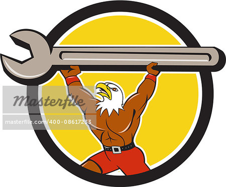 Illustration of a american bald eagle mechanic lifting giant spanner looking up to the side set inside circle on isolated background done in cartoon style.