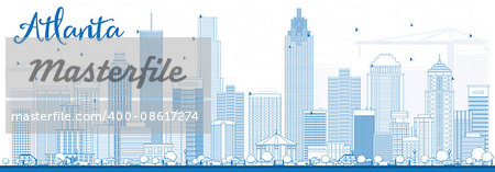 Outline Atlanta Skyline with Blue Buildings. Vector Illustration. Business Travel and Tourism Concept with Modern Buildings. Image for Presentation Banner Placard and Web Site.