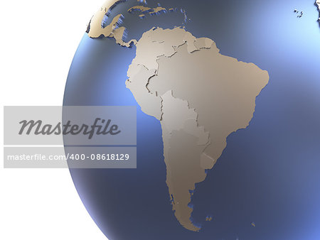 South America on metallic model of planet Earth with embossed continents and visible country borders. 3D rendering.
