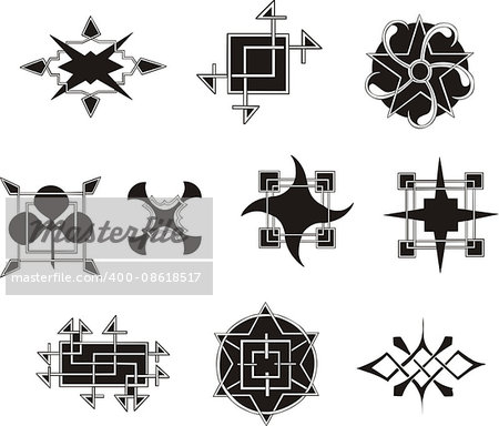 Set of symmetrical geometrical decorative elements. Vector illustrations.