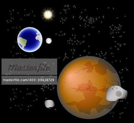 Abstract background with Mars, its satellites, earth, moon and sun. EPS10 vector illustration.