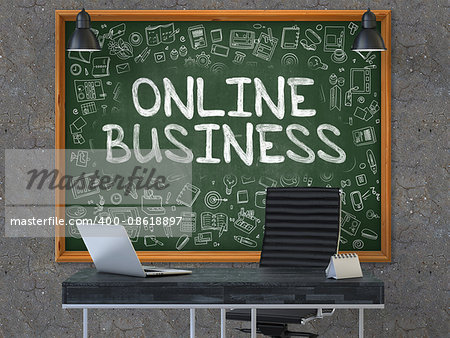 Green Chalkboard on the Dark Old Concrete Wall in the Interior of a Modern Office with Hand Drawn Online Business. Business Concept with Doodle Style Elements. 3D.